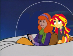 Size: 1053x810 | Tagged: safe, artist:guihercharly, derpibooru import, sunset shimmer, equestria girls, crossover, daphne blake, driving, glass dome, scooby doo, space car, spaceship, the jetsons