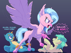 Size: 2751x2072 | Tagged: safe, artist:xbi, derpibooru import, gallus, sandbar, silverstream, earth pony, griffon, hippogriff, pony, angry, dialogue, female, gallbar, gallstream, gay, gradient background, love triangle, male, possessive, shipping, shipping denied, spread wings, straight, wings