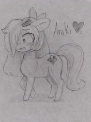 Size: 3120x4160 | Tagged: safe, artist:seylan, derpibooru import, oc, oc only, oc:araki, earth pony, pony, bow, gray background, grayscale, hair bow, hair ornament, monochrome, photo, simple background, solo, traditional art