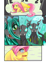 Size: 868x1228 | Tagged: safe, artist:meielf, derpibooru import, fluttershy, queen chrysalis, changeling, changeling queen, pegasus, pony, a canterlot wedding, comic, cowering, crying, eyelashes, fangs, female, imminent rape, imminent sex, looking up, male, mare, open mouth, outdoors, scared, shivering, smiling, smirk, tears of fear