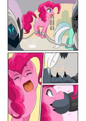 Size: 868x1228 | Tagged: safe, artist:meielf, derpibooru import, lyra heartstrings, pinkie pie, earth pony, pony, my little pony: the movie, :d, bondage, comic, drugged, drugs, eyes closed, female, mare, open mouth, open smile, pronking, shackles, smiling, storm creature, storm guard, storm king's emblem