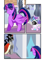 Size: 868x1228 | Tagged: safe, artist:meielf, derpibooru import, king sombra, princess flurry heart, twilight sparkle, twilight sparkle (alicorn), alicorn, pony, the beginning of the end, comic, diaper, evil grin, female, frown, gag, grin, horn, male, mare, muzzle gag, raised hoof, raised leg, smiling, stallion, wings