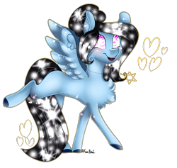 Size: 3191x3031 | Tagged: safe, artist:fantisai, derpibooru import, oc, oc only, pegasus, pony, chest fluff, colored hooves, ethereal mane, eye clipping through hair, eyebrows, eyebrows visible through hair, heart, high res, pegasus oc, raised leg, signature, simple background, smiling, solo, spread wings, starry mane, transparent background, wings