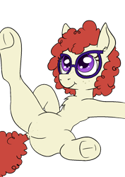 Size: 1000x1414 | Tagged: safe, artist:happy harvey, derpibooru import, twist, earth pony, pony, butt freckles, chest fluff, crotch freckles, dock, drawn on phone, ear fluff, ear freckles, ears, featureless crotch, freckles, frog (hoof), glasses, hooves, hooves up, looking up, simple background, smiling, solo, spread legs, spreading, tail, transparent background, underhoof