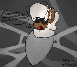 Size: 1600x1400 | Tagged: safe, artist:stemthebug, derpibooru import, oc, oc only, oc:stem bedstraw, hybrid, insect, moth, mothpony, original species, pony, bondage, clueless, cocoon, comfy, oblivious, open mouth, solo, speech bubble, spider web, wrapped up