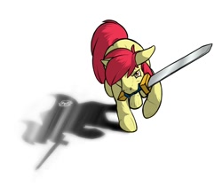 Size: 854x722 | Tagged: safe, artist:donlawride, derpibooru import, apple bloom, earth pony, pony, female, filly, mouth hold, solo, sword, weapon