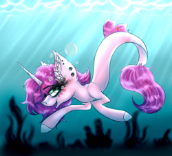 Size: 1280x1159 | Tagged: safe, artist:beamybutt, derpibooru import, oc, oc only, seapony (g4), unicorn, art trade, bubble, crepuscular rays, dorsal fin, ear fluff, ears, eyelashes, fish tail, flowing tail, green eyes, horn, ocean, open mouth, purple mane, seaponified, seaweed, solo, species swap, sunlight, swimming, tail, underwater, water