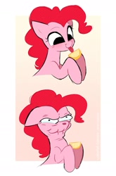 Size: 1523x2313 | Tagged: safe, artist:syrupyyy, artist:velgarn, derpibooru import, edit, pinkie pie, earth pony, pony, crying, cute, ears, female, floppy ears, food, hoof hold, lemon, licking, mare, meme, no pupils, shitposting, silly, silly pony, simpsons did it, smiling, solo, teary eyes, the simpsons, tongue, tongue out