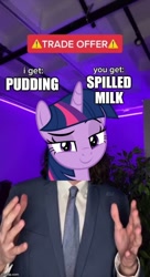 Size: 500x916 | Tagged: safe, derpibooru import, human, crossing the memes, irl, irl human, meme, photo, pure unfiltered evil, spilled milk, trade offer