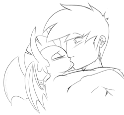 Size: 1501x1399 | Tagged: safe, derpibooru import, smolder, oc, dragon, human, canon x oc, human on dragon action, interspecies, kissing, lineart, simple background, white background