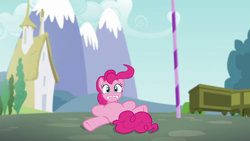 Size: 1280x720 | Tagged: safe, artist:luckreza8, derpibooru import, screencap, pinkie pie, earth pony, pony, season 5, the one where pinkie pie knows, featureless crotch, female, frown, gritted teeth, lying down, mare, reaction image, solo, tripping, wavy mouth