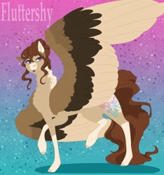 Size: 2228x2384 | Tagged: safe, artist:inisealga, derpibooru import, fluttershy, pegasus, pony, abstract background, alternate design, chest fluff, coat markings, female, fluffy, gradient background, mare, neck fluff, redesign, socks (coat marking), solo, spread wings, wing fluff, wings