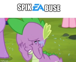 Size: 552x452 | Tagged: safe, pinkie pie, spike, twilight sparkle, unicorn twilight, dragon, earth pony, unicorn, it ain't easy being breezies, crying, ea games, female, male, offscreen character, op is a cuck, solo focus, spikeabuse, teary eyes