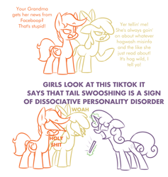 Size: 1752x1849 | Tagged: safe, artist:moonatik, derpibooru import, apple bloom, scootaloo, sweetie belle, earth pony, pegasus, pony, unicorn, bow, cutie mark crusaders, dialogue, facebook, female, filly, hair bow, hypocrisy, hypocritical humor, implied granny smith, magic, phone, sketch, text, tiktok, vulgar