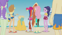 Size: 3410x1920 | Tagged: safe, derpibooru import, screencap, applejack, baewatch, fluttershy, rainbow dash, zephyr breeze, better together, blue crushed, equestria girls, applejack's hat, barefoot, beach, bikini, clothes, cowboy hat, crossed arms, eyes closed, feet, female, hairpin, hat, high res, male, sandals, surfboard, swimming trunks, swimsuit, wet hair, wetsuit