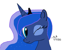 Size: 926x756 | Tagged: artist needed, source needed, safe, derpibooru import, princess luna, alicorn, pony, 1000 hours in ms paint, cute, ethereal mane, female, horn, looking at you, mare, one eye closed, simple background, smiling, smiling at you, solo, starry mane, white background, wink, winking at you