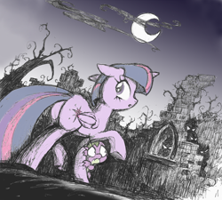 Size: 884x796 | Tagged: safe, artist:yewdee, derpibooru import, spike, twilight sparkle, twilight sparkle (alicorn), alicorn, dragon, 2019, ears, floppy ears, moon, night, ruins, tree