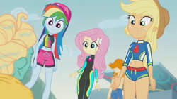 Size: 3410x1920 | Tagged: safe, derpibooru import, screencap, applejack, fluttershy, rainbow dash, zephyr breeze, better together, blue crushed, equestria girls, applejack's hat, belly button, bikini, clothes, cowboy hat, female, geode of fauna, geode of super speed, geode of super strength, hairpin, hat, high res, jewelry, magical geodes, male, midriff, necklace, sleeveless, swimming trunks, swimsuit, wet hair, wetsuit