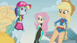 Size: 3410x1920 | Tagged: safe, derpibooru import, screencap, applejack, fluttershy, rainbow dash, zephyr breeze, better together, blue crushed, equestria girls, applejack's hat, belly button, bikini, clothes, cowboy hat, female, geode of fauna, geode of super speed, geode of super strength, hairpin, hat, high res, jewelry, magical geodes, male, midriff, necklace, sleeveless, swimming trunks, swimsuit, wet hair, wetsuit