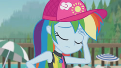 Size: 3410x1920 | Tagged: safe, derpibooru import, screencap, rainbow dash, better together, blue crushed, equestria girls, beach, cap, clothes, eyes closed, facepalm, female, geode of super speed, hat, high res, jewelry, magical geodes, necklace, sleeveless, solo, swimsuit