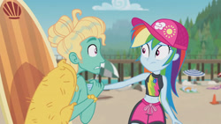 Size: 3410x1920 | Tagged: safe, derpibooru import, screencap, rainbow dash, zephyr breeze, better together, blue crushed, equestria girls, beach, belly button, cap, clothes, female, geode of super speed, hat, high res, jewelry, magical geodes, male, necklace, sleeveless, swimming trunks, swimsuit, wet hair