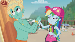 Size: 3410x1920 | Tagged: safe, derpibooru import, screencap, rainbow dash, zephyr breeze, better together, blue crushed, equestria girls, beach, belly button, cap, clothes, female, geode of super speed, gladys, hand on hip, hat, high res, jewelry, magical geodes, male, necklace, sleeveless, swimming trunks, swimsuit, wet hair