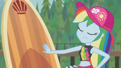 Size: 3410x1920 | Tagged: safe, derpibooru import, screencap, rainbow dash, better together, blue crushed, equestria girls, beach, belly button, cap, clothes, eyes closed, female, geode of super speed, gladys, hat, high res, jewelry, magical geodes, necklace, sleeveless, solo, surfboard, swimming trunks, swimsuit