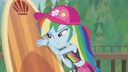 Size: 3410x1920 | Tagged: safe, derpibooru import, screencap, rainbow dash, better together, blue crushed, equestria girls, beach, belly button, cap, clothes, female, geode of super speed, gladys, hat, high res, jewelry, magical geodes, necklace, sleeveless, solo, surfboard, swimming trunks, swimsuit