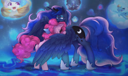 Size: 1280x768 | Tagged: safe, artist:blueomlette, derpibooru import, pinkie pie, princess celestia, princess luna, rainbow dash, rarity, alicorn, earth pony, pegasus, pony, unicorn, bedroom eyes, butt, commission, crown, digital art, ethereal mane, eyes closed, female, horn, hug, jewelry, mare, plot, raised tail, rear view, regalia, spread wings, starry mane, starry tail, tail, winghug, wings, ych result