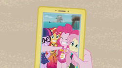 Size: 3410x1920 | Tagged: safe, derpibooru import, screencap, fluttershy, pinkie pie, sci-twi, sunset shimmer, twilight sparkle, better together, equestria girls, unsolved selfie mysteries, bare shoulders, cellphone, clothes, cute, diapinkes, eyes closed, female, geode of empathy, geode of sugar bombs, glasses, grin, high res, jewelry, magical geodes, necklace, one eye closed, one-piece swimsuit, phone, ponytail, selfie, shimmerbetes, shyabetes, sleeveless, smartphone, smiling, swimsuit, twiabetes, wetsuit