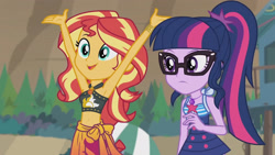 Size: 3410x1920 | Tagged: safe, derpibooru import, screencap, sci-twi, sunset shimmer, twilight sparkle, better together, equestria girls, unsolved selfie mysteries, armpits, bare shoulders, belly button, clothes, cute, female, geode of empathy, geode of telekinesis, glasses, high res, jewelry, magical geodes, necklace, one-piece swimsuit, open mouth, ponytail, shimmerbetes, sleeveless, swimsuit