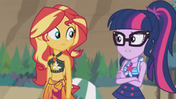 Size: 3410x1920 | Tagged: safe, derpibooru import, screencap, sci-twi, sunset shimmer, twilight sparkle, better together, equestria girls, unsolved selfie mysteries, armpits, bare shoulders, belly button, clothes, crossed arms, female, geode of empathy, geode of telekinesis, glasses, high res, jewelry, magical geodes, necklace, one-piece swimsuit, open mouth, ponytail, sleeveless, swimsuit