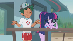 Size: 3410x1920 | Tagged: safe, derpibooru import, screencap, sci-twi, timber spruce, twilight sparkle, better together, equestria girls, unsolved selfie mysteries, bare shoulders, clothes, eyes closed, female, glasses, high res, jewelry, lifeguard timber, magical geodes, male, necklace, one-piece swimsuit, ponytail, sleeveless, smiling, swimsuit