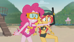 Size: 3410x1920 | Tagged: safe, derpibooru import, screencap, pinkie pie, sunset shimmer, equestria girls, equestria girls series, unsolved selfie mysteries, bare shoulders, beach, beach shorts swimsuit, belly button, clothes, female, geode of empathy, geode of sugar bombs, goggles, high res, jewelry, magical geodes, necklace, one-piece swimsuit, sleeveless, sunset shimmer's beach shorts swimsuit, swimsuit