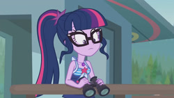 Size: 3410x1920 | Tagged: safe, derpibooru import, screencap, sci-twi, twilight sparkle, better together, equestria girls, unsolved selfie mysteries, bare shoulders, clothes, female, geode of empathy, glasses, high res, jewelry, magical geodes, necklace, one-piece swimsuit, ponytail, sleeveless, solo, swimsuit