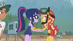 Size: 3410x1920 | Tagged: safe, derpibooru import, screencap, sci-twi, sunset shimmer, timber spruce, twilight sparkle, better together, equestria girls, unsolved selfie mysteries, bare shoulders, beach, beach shorts swimsuit, clothes, female, geode of telekinesis, glasses, goggles, high res, jewelry, lifeguard timber, magical geodes, male, necklace, one-piece swimsuit, open mouth, ponytail, sleeveless, sunset shimmer's beach shorts swimsuit, swimsuit, trio