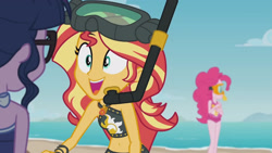 Size: 3410x1920 | Tagged: safe, derpibooru import, screencap, pinkie pie, sci-twi, sunset shimmer, twilight sparkle, equestria girls, equestria girls series, unsolved selfie mysteries, bare shoulders, beach, beach shorts swimsuit, belly button, clothes, female, geode of empathy, glasses, goggles, high res, jewelry, magical geodes, necklace, one-piece swimsuit, open mouth, ponytail, sleeveless, sunset shimmer's beach shorts swimsuit, swimsuit