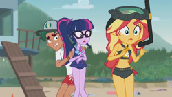 Size: 3410x1920 | Tagged: safe, derpibooru import, screencap, sci-twi, sunset shimmer, timber spruce, twilight sparkle, equestria girls, equestria girls series, unsolved selfie mysteries, bare shoulders, beach, beach shorts swimsuit, belly button, clothes, female, geode of empathy, geode of telekinesis, glasses, goggles, high res, jewelry, lifeguard timber, magical geodes, male, necklace, one-piece swimsuit, open mouth, sleeveless, sunset shimmer's beach shorts swimsuit, swimsuit