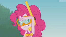Size: 3410x1920 | Tagged: safe, derpibooru import, screencap, pinkie pie, better together, equestria girls, unsolved selfie mysteries, armpits, bare shoulders, clothes, diving goggles, female, geode of sugar bombs, goggles, high res, jewelry, magical geodes, musical instrument, necklace, one eye closed, one-piece swimsuit, sleeveless, snorkel, solo, swimsuit