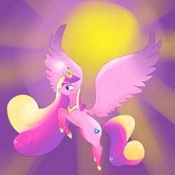 Size: 2449x2449 | Tagged: safe, artist:buu, derpibooru import, princess cadance, alicorn, pony, big mane, female, flying, jewelry, large wings, mare, peytral, regalia, solo, spread wings, sun, wings