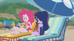 Size: 3410x1920 | Tagged: safe, derpibooru import, screencap, pinkie pie, sci-twi, twilight sparkle, better together, equestria girls, friendship math, bare shoulders, barefoot, beach, book, clothes, feet, female, geode of sugar bombs, glasses, high res, jewelry, lounge chair, magazine, magazine cover, magical geodes, necklace, one-piece swimsuit, open mouth, ponytail, sleeveless, smiling, swimsuit