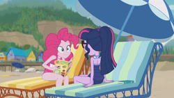 Size: 3410x1920 | Tagged: safe, derpibooru import, screencap, pinkie pie, sci-twi, twilight sparkle, better together, equestria girls, friendship math, bare shoulders, beach, book, clothes, female, geode of sugar bombs, glasses, high res, jewelry, lounge chair, magazine, magazine cover, magical geodes, necklace, one-piece swimsuit, ponytail, sleeveless, smiling, swimsuit