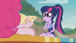 Size: 3410x1920 | Tagged: safe, derpibooru import, screencap, pinkie pie, sci-twi, twilight sparkle, better together, equestria girls, friendship math, bare shoulders, beach, book, clothes, female, glasses, high res, jewelry, lounge chair, magazine, necklace, one-piece swimsuit, ponytail, sleeveless, smiling, swimsuit