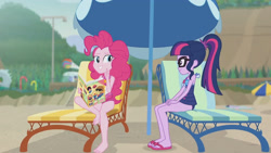 Size: 3410x1920 | Tagged: safe, derpibooru import, screencap, pinkie pie, sci-twi, twilight sparkle, equestria girls, equestria girls series, friendship math, bare shoulders, barefoot, beach, book, clothes, feet, female, geode of sugar bombs, geode of telekinesis, glasses, high res, jewelry, lounge chair, magazine, magazine cover, magical geodes, necklace, one-piece swimsuit, ponytail, sandals, sleeveless, smiling, swimsuit