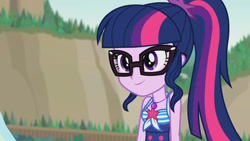 Size: 3410x1920 | Tagged: safe, derpibooru import, screencap, sci-twi, twilight sparkle, better together, equestria girls, friendship math, bare shoulders, beach, cute, female, geode of telekinesis, glasses, high res, jewelry, magical geodes, necklace, ponytail, sleeveless, smiling, solo, twiabetes