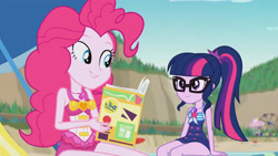 Size: 3410x1920 | Tagged: safe, derpibooru import, screencap, pinkie pie, sci-twi, twilight sparkle, better together, equestria girls, friendship math, bare shoulders, beach, book, clothes, female, geode of sugar bombs, geode of telekinesis, glasses, high res, jewelry, lip bite, lounge chair, magazine, magazine cover, magical geodes, necklace, one-piece swimsuit, ponytail, sleeveless, smiling, swimsuit