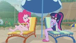 Size: 3410x1920 | Tagged: safe, derpibooru import, screencap, pinkie pie, sci-twi, twilight sparkle, better together, equestria girls, friendship math, bare shoulders, barefoot, beach, book, clothes, feet, female, geode of sugar bombs, geode of telekinesis, glasses, high res, jewelry, lounge chair, magazine, magazine cover, magical geodes, necklace, one-piece swimsuit, ponytail, sandals, sleeveless, swimsuit