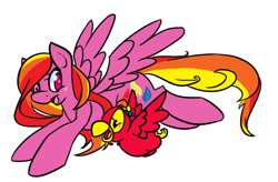 Size: 796x522 | Tagged: safe, artist:kittyarts, derpibooru import, feathermay, bird, parrot, pegasus, pony, 30 minute art challenge, blush sticker, blushing, duo, female, flying, mare, open mouth, simple background, smiling, spread wings, white background, wings