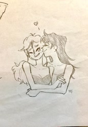 Size: 1000x1451 | Tagged: safe, artist:柚子梟, derpibooru import, applejack, rainbow dash, human, appledash, female, humanized, kiss on the cheek, kissing, lesbian, pencil drawing, shipping, traditional art