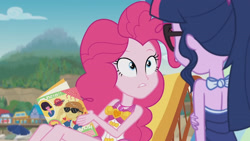 Size: 3410x1920 | Tagged: safe, derpibooru import, screencap, pinkie pie, sci-twi, twilight sparkle, better together, equestria girls, friendship math, bare shoulders, beach, book, clothes, female, geode of sugar bombs, glasses, high res, jewelry, lounge chair, magazine, magazine cover, magical geodes, necklace, one-piece swimsuit, ponytail, sleeveless, swimsuit